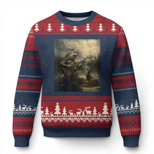 Weird Bass Fish Playing Bass Guitar Ugly Christmas Sweater Funny Cursed Meme TS14 Navy Red Print Your Wear