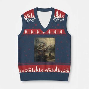 Weird Bass Fish Playing Bass Guitar V-Neck Knit Sweater Vest Funny Cursed Meme TS14 Navy Red Print Your Wear