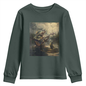 Weird Bass Fish Playing Bass Guitar Youth Sweatshirt Funny Cursed Meme TS14 Dark Forest Green Print Your Wear