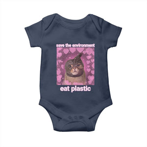 Save The Environment Eat Plastic Baby Onesie Funny Cute Cat Meme TS14 Navy Print Your Wear
