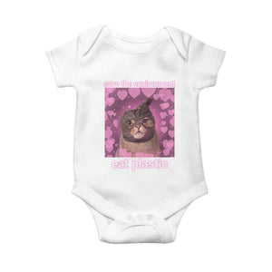 Save The Environment Eat Plastic Baby Onesie Funny Cute Cat Meme TS14 White Print Your Wear
