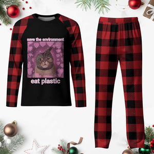 Save The Environment Eat Plastic Plaid Pajama Set Funny Cute Cat Meme TS14 Buffalo Plaid Print Your Wear