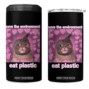 Save The Environment Eat Plastic 4 in 1 Can Cooler Tumbler Funny Cute Cat Meme TS14 One Size: 16 oz Black Print Your Wear