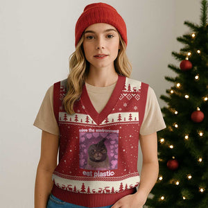 Save The Environment Eat Plastic V-Neck Knit Sweater Vest Funny Cute Cat Meme TS14 Red Beige Print Your Wear