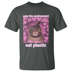 Save The Environment Eat Plastic T Shirt Funny Cute Cat Meme TS14 Dark Heather Print Your Wear