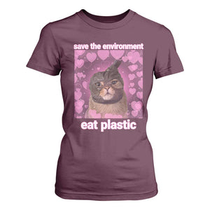 Save The Environment Eat Plastic T Shirt For Women Funny Cute Cat Meme TS14 Maroon Print Your Wear