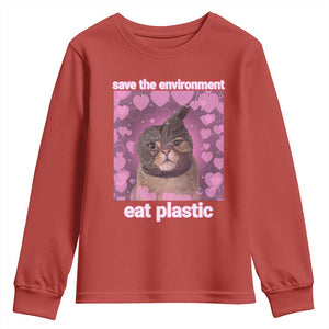 Save The Environment Eat Plastic Youth Sweatshirt Funny Cute Cat Meme TS14 Red Print Your Wear