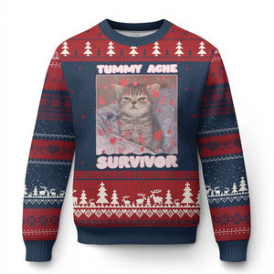 Tummy Ache Survivor Ugly Christmas Sweater Funny Cute Cat Meme TS14 Navy Red Print Your Wear