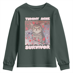 Tummy Ache Survivor Youth Sweatshirt Funny Cute Cat Meme TS14 Dark Forest Green Print Your Wear
