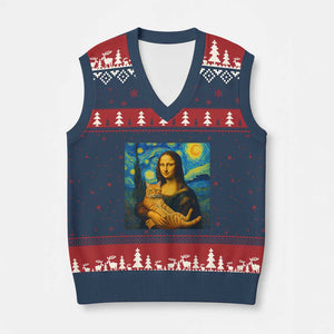 Mona Lisa Cat Starry Night V-Neck Knit Sweater Vest TS14 Navy Red Print Your Wear