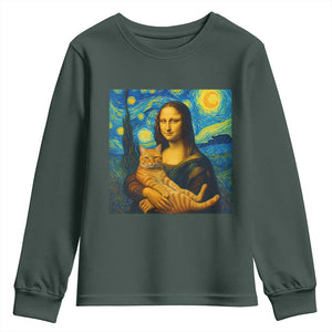 Mona Lisa Cat Starry Night Youth Sweatshirt TS14 Dark Forest Green Print Your Wear