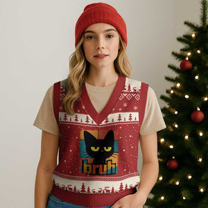 Funny Black Cat Bruh Meme V-Neck Knit Sweater Vest Funny Black Cat TS14 Red Beige Print Your Wear