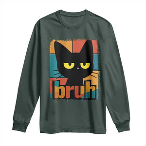 Funny Black Cat Bruh Meme Long Sleeve Shirt Funny Black Cat TS14 Dark Forest Green Print Your Wear