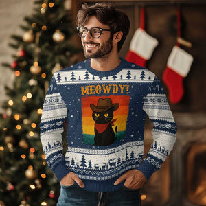 Meowdy Cowboy Cat Ugly Christmas Sweater Cute Black Kitten Country Western TS14 Navy Beige Print Your Wear