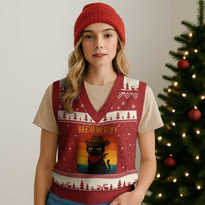 Meowdy Cowboy Cat V-Neck Knit Sweater Vest Cute Black Kitten Country Western TS14 Red Beige Print Your Wear