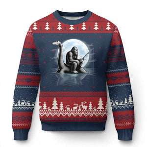 Funny Bigfoot Fishing Ugly Christmas Sweater Sasquatch Riding Nessie Cryptid Moon Night TS14 Navy Red Print Your Wear