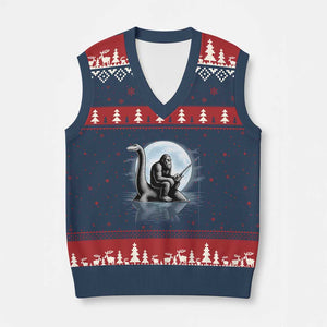 Funny Bigfoot Fishing V-Neck Knit Sweater Vest Sasquatch Riding Nessie Cryptid Moon Night TS14 Navy Red Print Your Wear