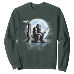 Funny Bigfoot Fishing Sweatshirt Sasquatch Riding Nessie Cryptid Moon Night TS14 Dark Forest Green Print Your Wear