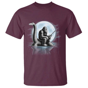 Funny Bigfoot Fishing T Shirt Sasquatch Riding Nessie Cryptid Moon Night TS14 Maroon Print Your Wear