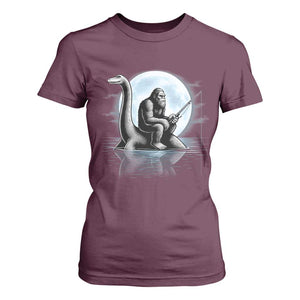 Funny Bigfoot Fishing T Shirt For Women Sasquatch Riding Nessie Cryptid Moon Night - Print Your Wear
