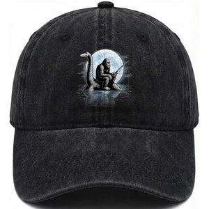 Funny Bigfoot Fishing Washed Cotton Baseball Cap Sasquatch Riding Nessie Cryptid Moon Night TS14 Washed Cap Universal Fit Black Print Your Wear