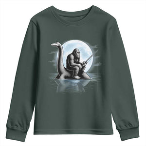 Funny Bigfoot Fishing Youth Sweatshirt Sasquatch Riding Nessie Cryptid Moon Night TS14 Dark Forest Green Print Your Wear