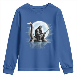Funny Bigfoot Fishing Youth Sweatshirt Sasquatch Riding Nessie Cryptid Moon Night TS14 Royal Blue Print Your Wear