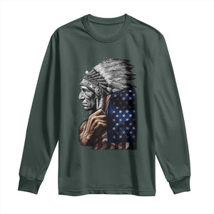 Indian Chief Native American USA Flag Long Sleeve Shirt TS14 Dark Forest Green Print Your Wear