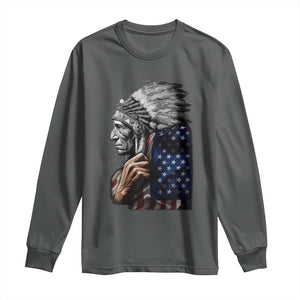 Indian Chief Native American USA Flag Long Sleeve Shirt TS14 Dark Heather Print Your Wear