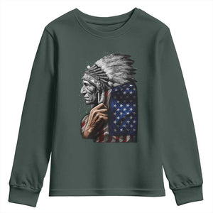 Indian Chief Native American USA Flag Youth Sweatshirt TS14 Dark Forest Green Print Your Wear