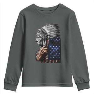 Indian Chief Native American USA Flag Youth Sweatshirt TS14 Dark Heather Print Your Wear