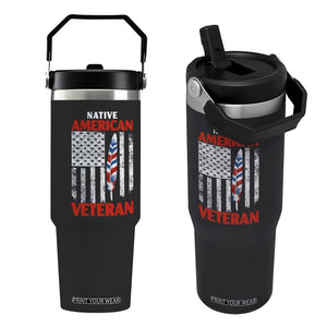 Native American Veteran USA Flag Patriotic Soldier Flip Straw Tumbler