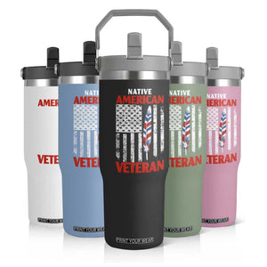 Native American Veteran USA Flag Patriotic Soldier Flip Straw Tumbler