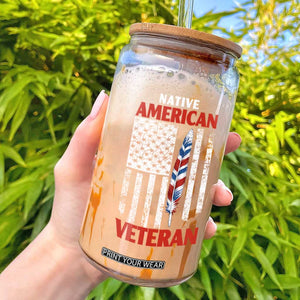 Native American Veteran USA Flag Patriotic Soldier Glass Can
