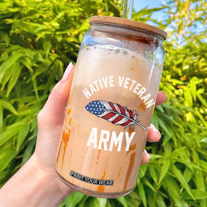 Native American Army Veteran US Flag Indigenous Soldier Glass Can