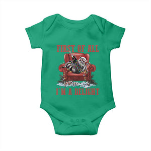 First Of All I Am A Delight Baby Onesie Funny Raccoon Christmas Meme TS14 Irish Green Print Your Wear
