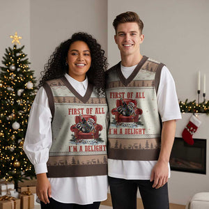 First Of All I Am A Delight V-Neck Knit Sweater Vest Funny Raccoon Christmas Meme TS14 Mocha Mousse Print Your Wear
