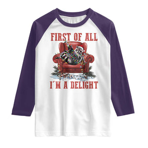 First Of All I Am A Delight Raglan Shirt Funny Raccoon Christmas Meme TS14 White Purple Print Your Wear