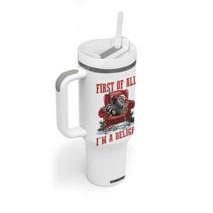 First Of All I Am A Delight Tumbler With Handle Funny Raccoon Christmas Meme TS14 Print Your Wear