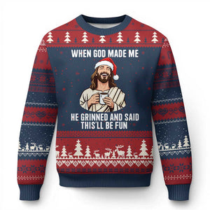 Funny Jesus Christian Christmas Ugly Christmas Sweater When God Made Me He Grinned And Said This Will Be Fun TS14 Navy Red Print Your Wear