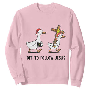 Christian Christmas Goose Sweatshirt Off To Follow Jesus TS14 Light Pink Print Your Wear