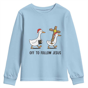 Christian Christmas Goose Youth Sweatshirt Off To Follow Jesus TS14 Light Blue Print Your Wear