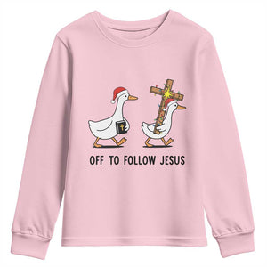 Christian Christmas Goose Youth Sweatshirt Off To Follow Jesus TS14 Light Pink Print Your Wear