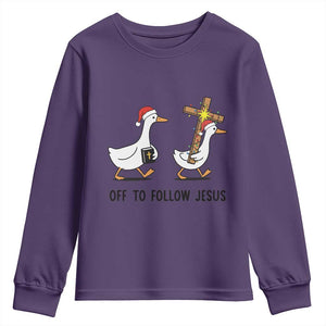 Christian Christmas Goose Youth Sweatshirt Off To Follow Jesus TS14 Purple Print Your Wear