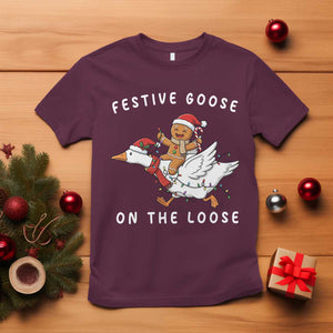 Festive Goose On The Loose Christmas T Shirt Funny Goose Gingerbread Xmas TS14 Maroon Print Your Wear