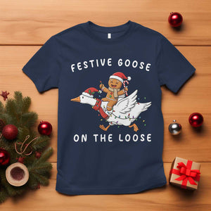 Festive Goose On The Loose Christmas T Shirt Funny Goose Gingerbread Xmas TS14 Navy Print Your Wear