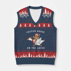 Festive Goose On The Loose Xmas V-Neck Knit Sweater Vest Funny Goose Gingerbread Xmas TS14 Navy Red Print Your Wear