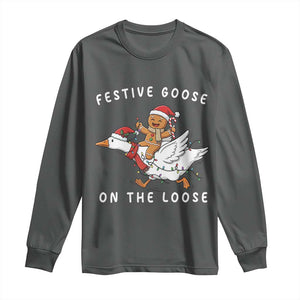 Festive Goose On The Loose Christmas Long Sleeve Shirt Funny Goose Gingerbread Xmas TS14 Dark Heather Print Your Wear