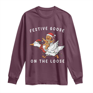 Festive Goose On The Loose Christmas Long Sleeve Shirt Funny Goose Gingerbread Xmas TS14 Maroon Print Your Wear