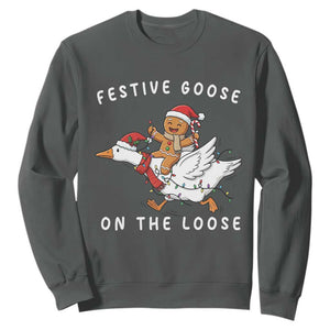 Festive Goose On The Loose Christmas Sweatshirt Funny Goose Gingerbread Xmas TS14 Dark Heather Print Your Wear